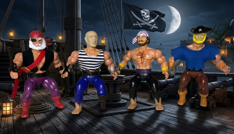 A close-up studio toy photograph of four vintage 5.5-inch Remco action figures positioned together on a dark wooden ship deck at night. From left to right stand Patch with his red bandana, Cutlass with his signature sash, the green-skinned cyclopean Peg Leg, and the bare-chested Tattoo with visible stenciled body art. The scene is illuminated by a cool blue nocturnal spotlight mimicking a low quarter moon, casting sharp shadows across the figures against a black starry background.