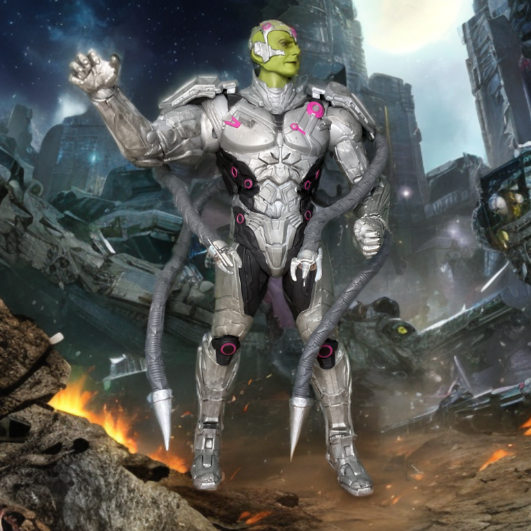 Brainiac action figure with mechanical tendrils fully extended in aggressive pose.