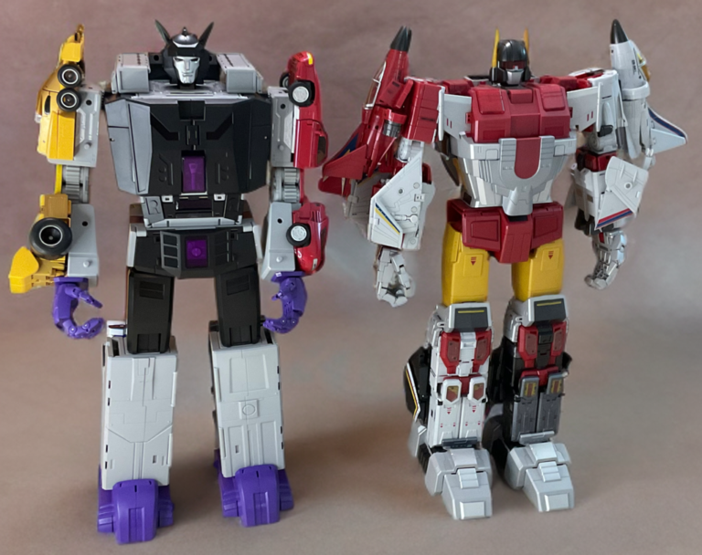 A front-facing side-by-side height comparison photo of the 20-inch DX9 Attila Menasor action figure standing directly next to the taller Zeta Toys Superion combiner figure.