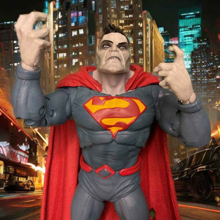 Close-up of the reversed S-shield logo on the chest of the McFarlane DC Multiverse Bizarro figure.