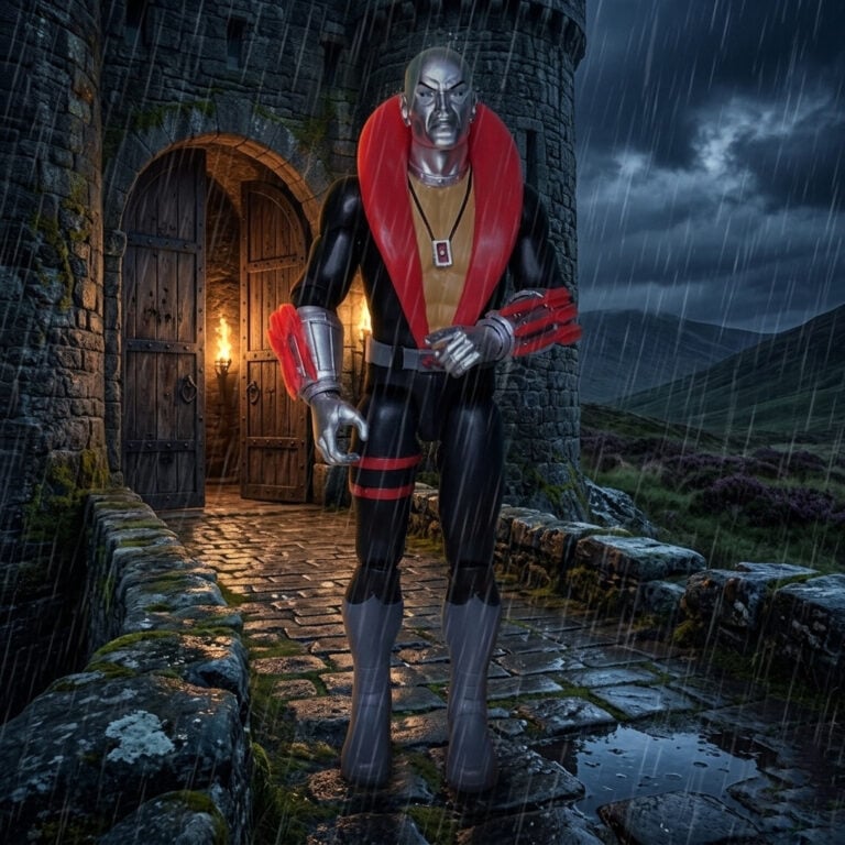 Destro action figure guarding the formidable exterior of Castle Destro, seamlessly integrated into the rugged Scottish Highlands.