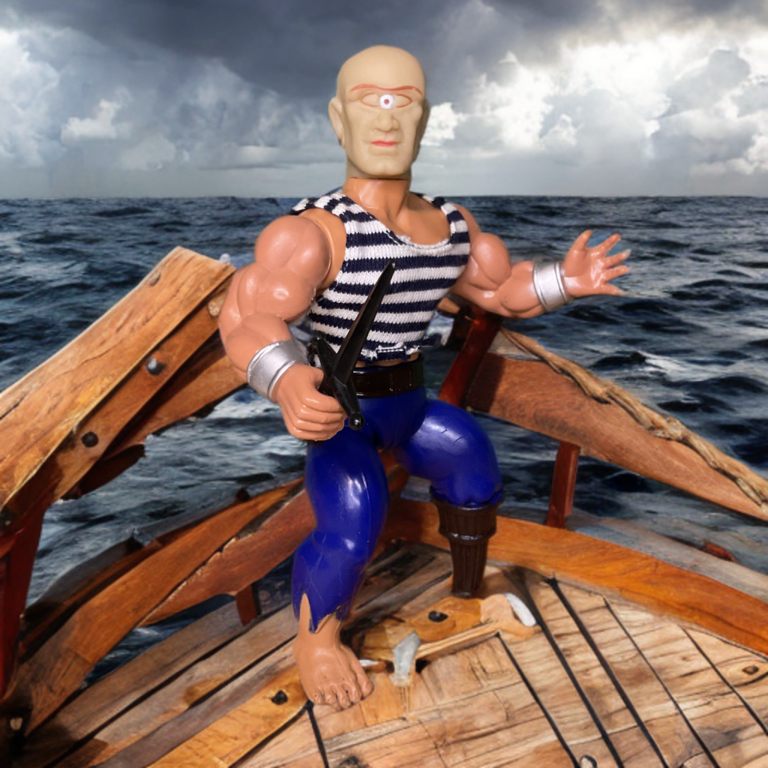 Full portrait of a sci-fi pirate action figure with one standard muscular human leg and one tapered, brown plastic peg leg prosthesis.