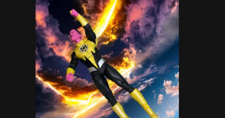 DC Multiverse Sinestro Corps War action figure by McFarlane Toys in full yellow and black uniform with power battery and chain construct accessories.