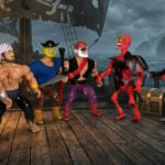 A panoramic studio photograph of six 1980s action figures—Tattoo, Patch, Peg Leg, Cutlass, Ribs, and Crossbones—arranged in a line on an epic pirate ship.