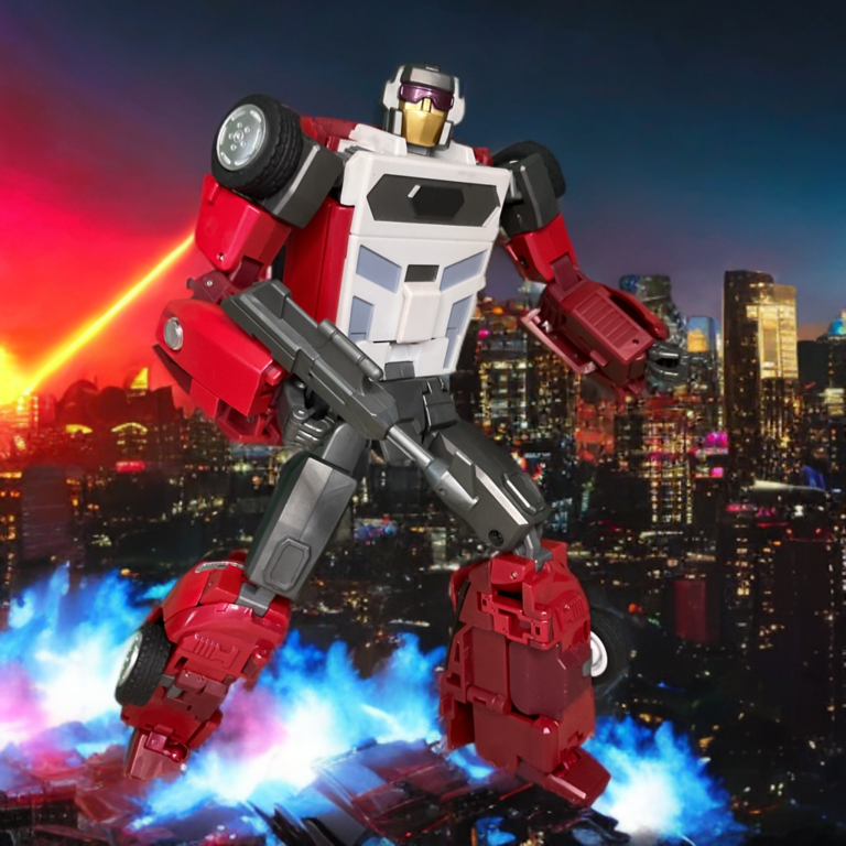 Head close-up of DX9 Kukinski robot mode highlighting the clean red visor optic paint and signature silver faceplate.