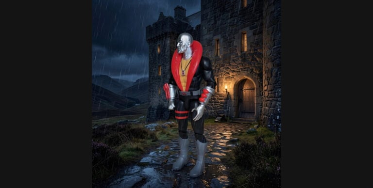 Destro action figure in iconic beryllium steel mask and red uniform, posing commandingly in front of Castle Destro, the hidden Highland stronghold of the McCullen Clan and Cobra’s primary weapons supplier.