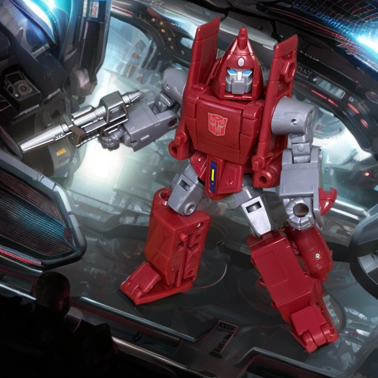 The Powerglide action figure holding its black blaster weapon in a dynamic firing pose.