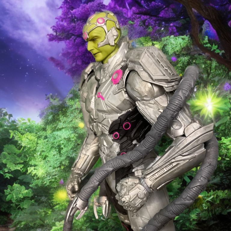 Close-up of Brainiac’s green skin and advanced robotic suit textures.