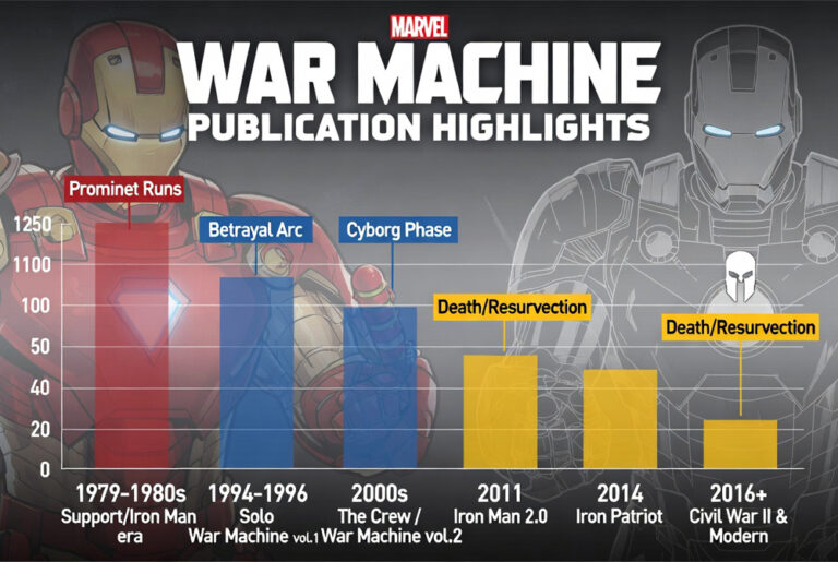 Bar chart highlighting key publication runs and story arcs for War Machine in Marvel Comics, including his 1990s solo series, Iron Man 2.0, and Civil War II events.