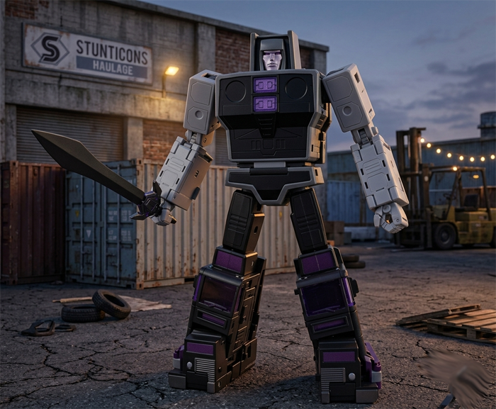 Front view of the DX9 Capone robot figure standing 9.5 inches tall with black armor plating and red chest accents.