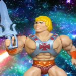 A vintage 1980s He-Man action figure wearing chest armor and his signature furry loincloth, holding up his grey plastic power sword against a vibrant, cosmic outer space background filled with stars and green nebulae.