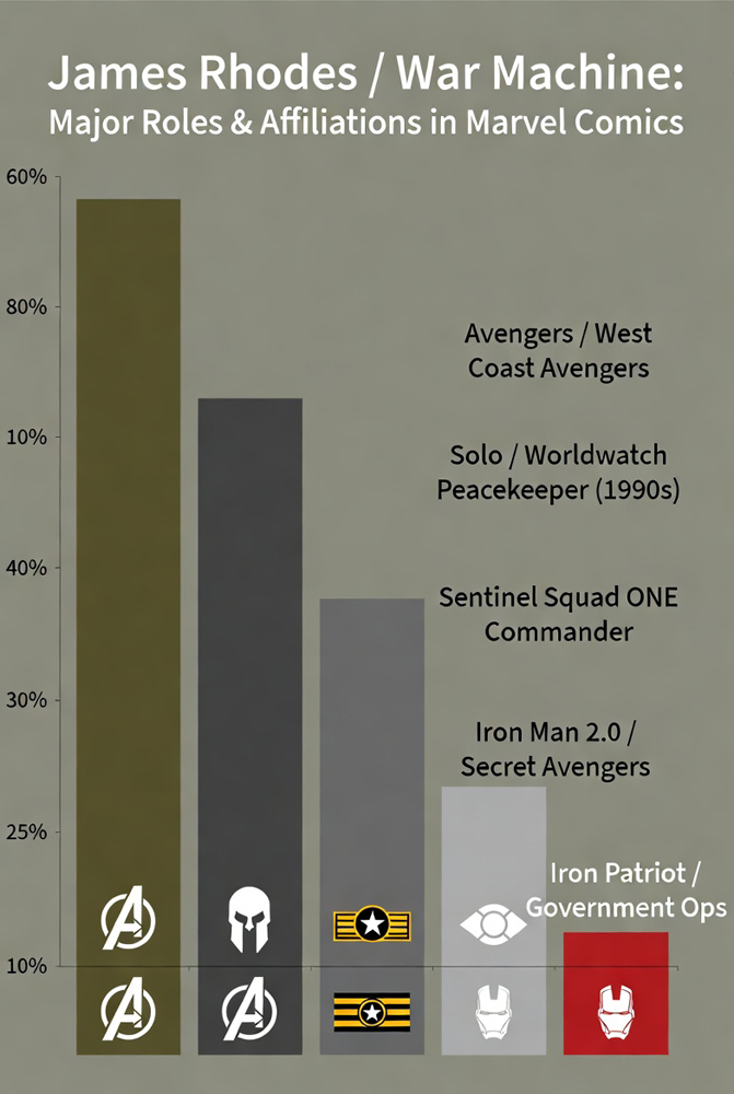 Bar chart showing James Rhodes / War Machine’s primary roles and team affiliations in Marvel Comics, including Avengers, solo operations, Sentinel Squad, and Iron Patriot.