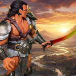 An articulated Savage Crucible Krieger action figure wearing gladiator armor and holding a curved sword, positioned against a fantasy mountain valley background during sunset.