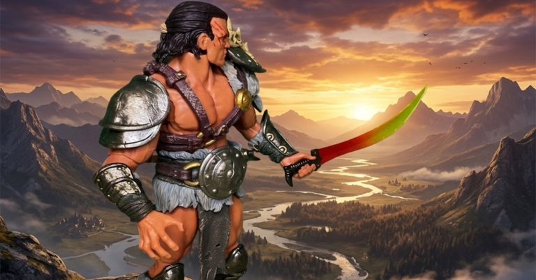 Eine bewegliche Savage Crucible Krieger-Actionfigur in Gladiatorenrüstung, die ein Krummschwert hält und vor dem Hintergrund eines fantastischen Bergtals bei Sonnenuntergang posiert.