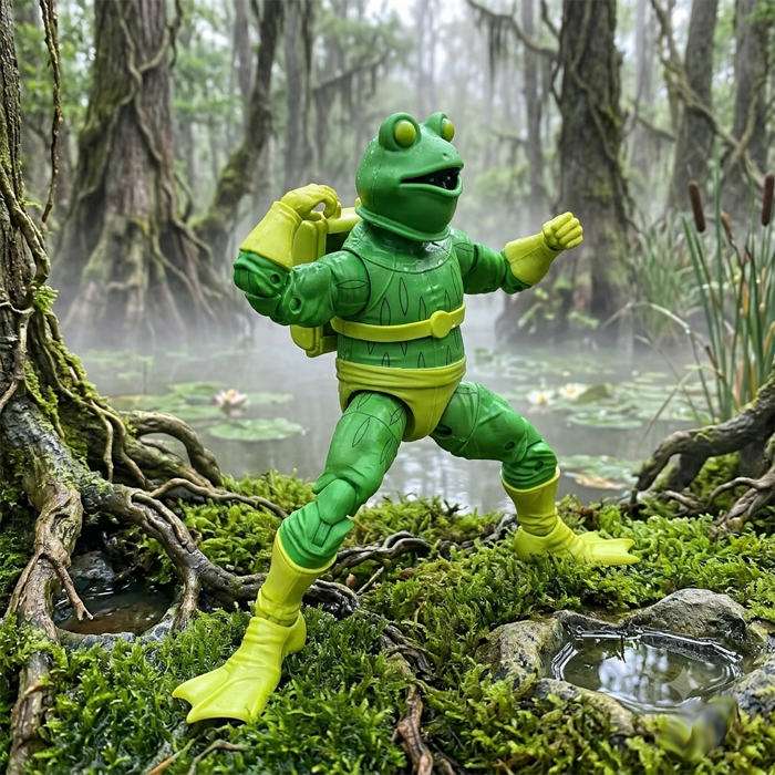 A green Frog-Man action figure standing on a mossy bank in a misty swamp. The figure wears a bright green frog-themed suit with a yellow belt, yellow gloves, and large flipper boots. He is posed mid-stance with one fist raised, backed by tall cypress trees and lily pads floating on calm water.
