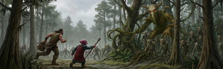 A muscular warrior runs and a small wizard points his staff at a giant, tree-like monster with glowing red eyes in a dense forest.