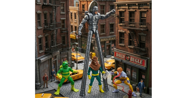 A group of Marvel Legends action figures on a detailed miniature city street. A giant Stilt-Man on metallic legs looms above the road. On the cobblestone pavement below, Frog-Man in a green suit stands by a yellow taxi, Razorback in a wild boar mask holds a tiny newspaper, and Toad crouches near a fire hydrant with his long pink tongue extended.