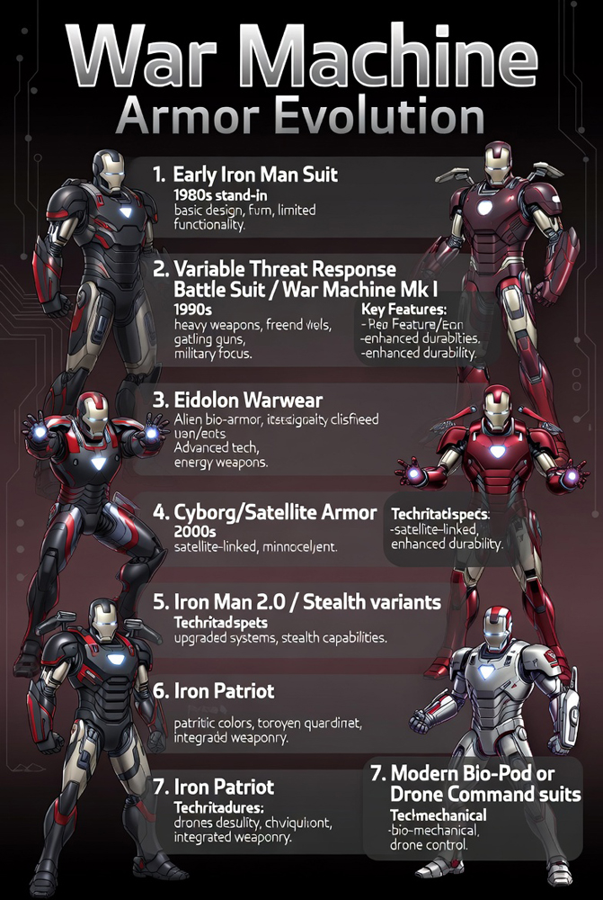 Infographic displaying the evolution of War Machine’s armors in Marvel Comics, featuring seven key suits from the classic Iron Man stand-in to modern drone command variants.
