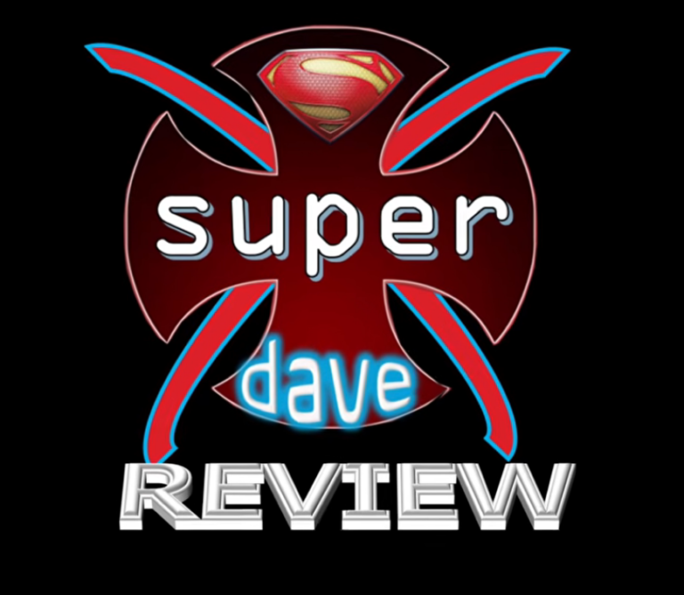 Official Super Dave Review logo with a red cross motif, Superman shield emblem at the top, and bold white text reading "super dave REVIEW".